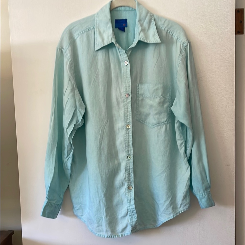 VTG SO Blue by Sigrid Olsen 100% Linen Long Sleeve Button Down Blue Shirt Medium